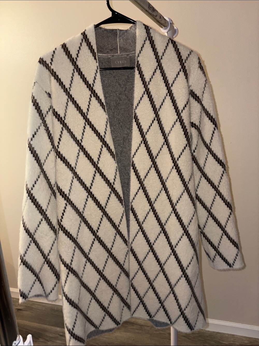 Cyrus Cream Open-Front Argyle Cardigan-duster with Brown Diamond Pattern